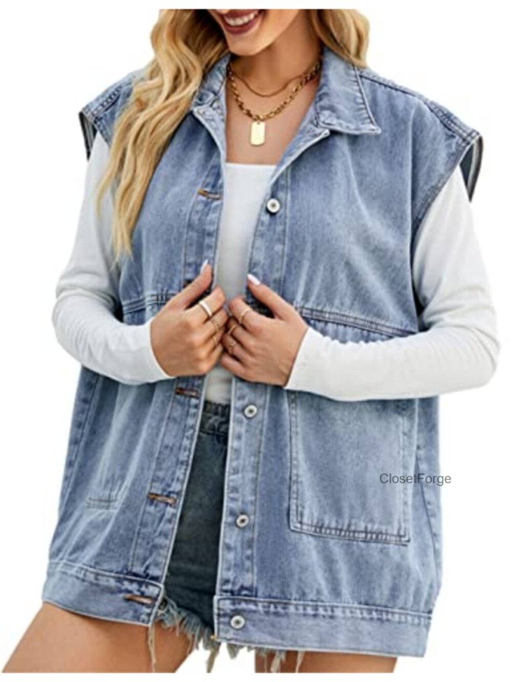 Oversized Mid Long Button Denim Vest with Pockets
